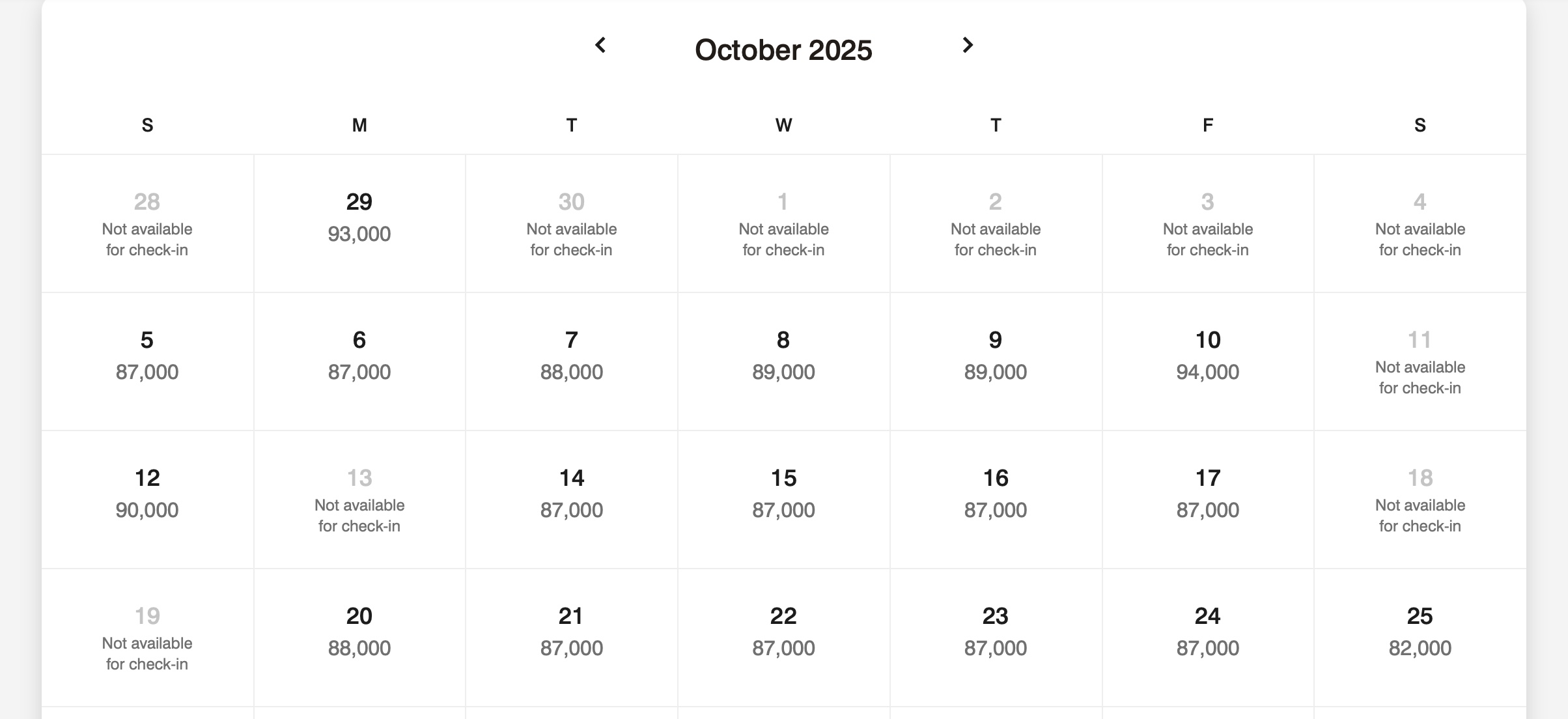 Westin Bora Bora, points calendar